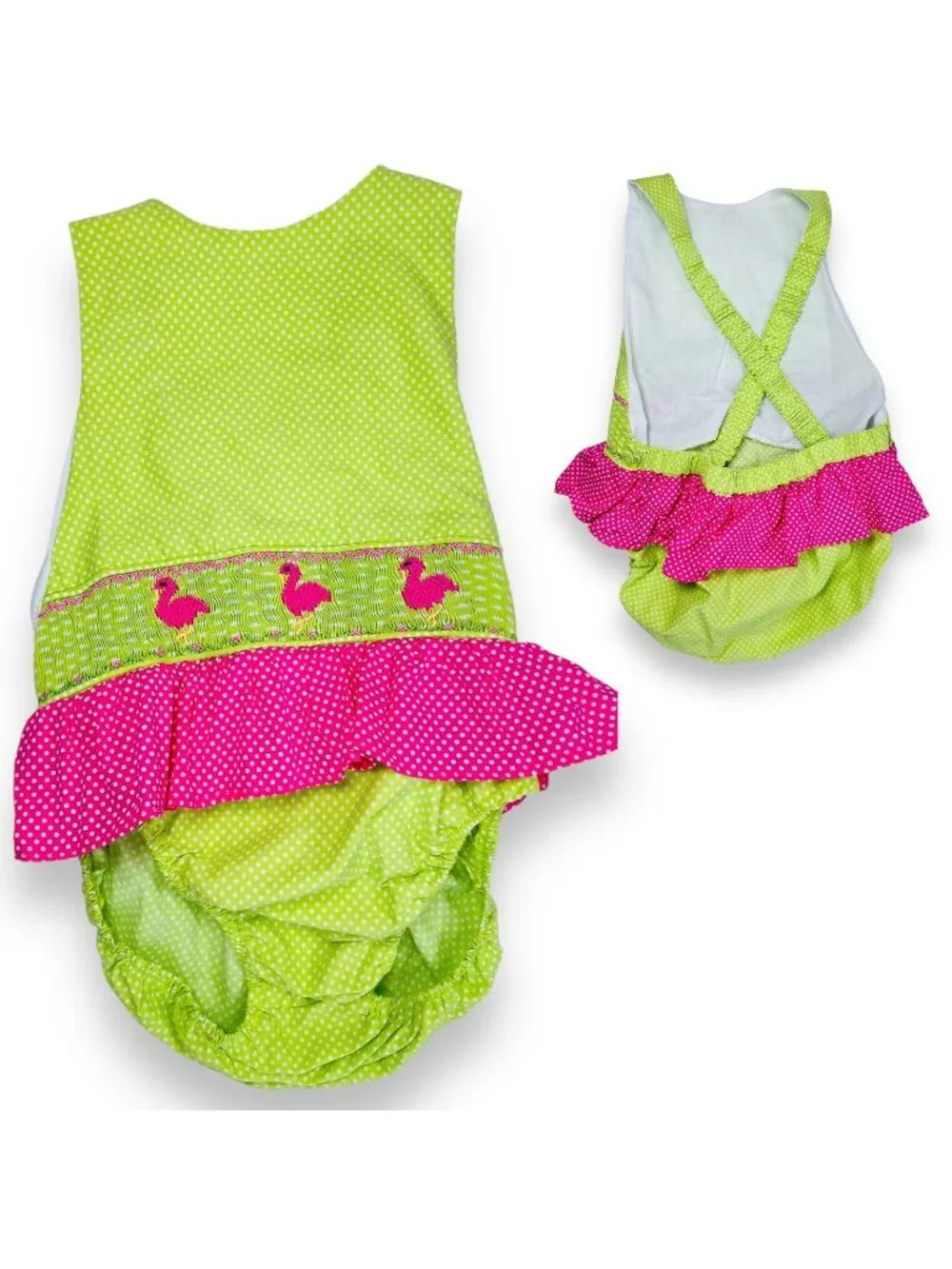 Girls Green Pink Polka Dot Flamingo Ruffle Sunsuit Romper Outfit 6